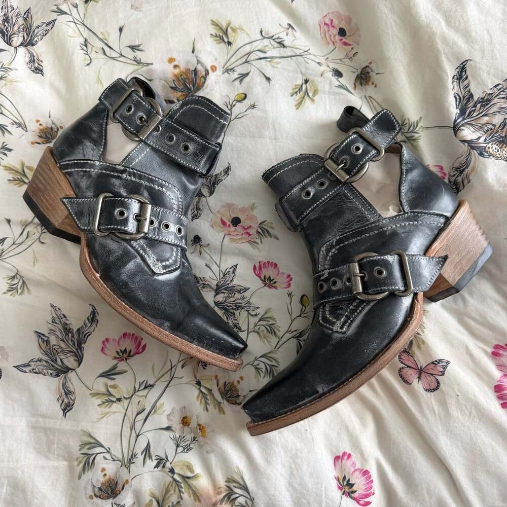 Freebird Mayhem Ankle Boots Black Leather Buckles